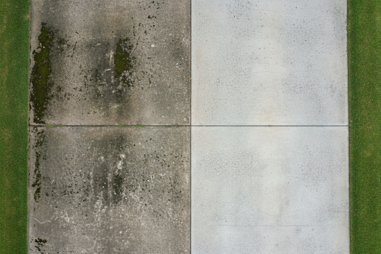 Before and after comparison of a pressure-washed driveway showing dramatic cleaning results